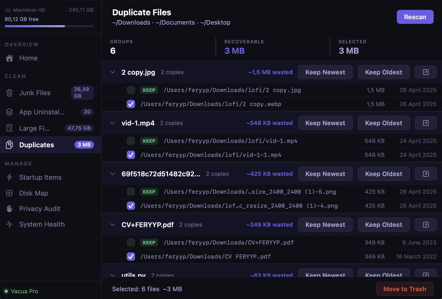 Duplicates finder screen