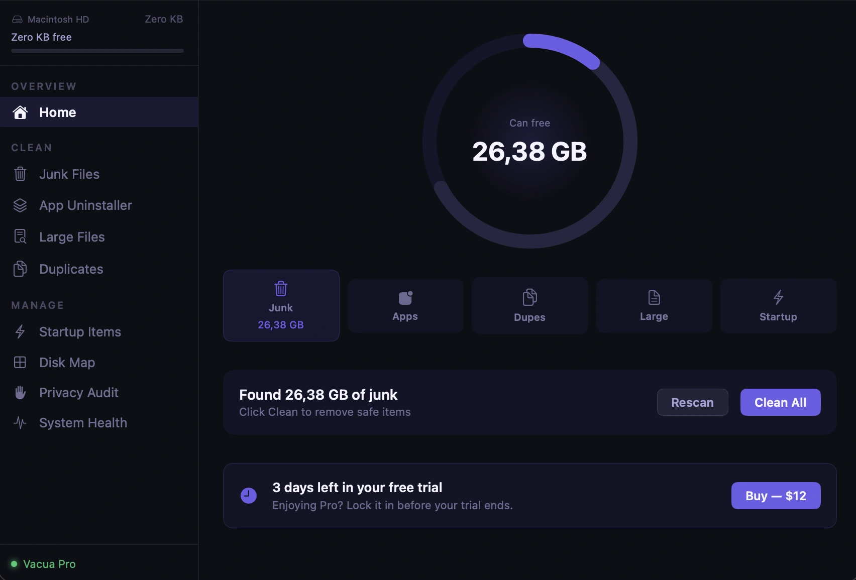 Vacua home screen showing 26GB reclaimable
