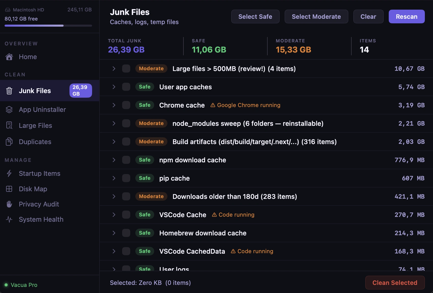 Junk Files screen showing categorized items