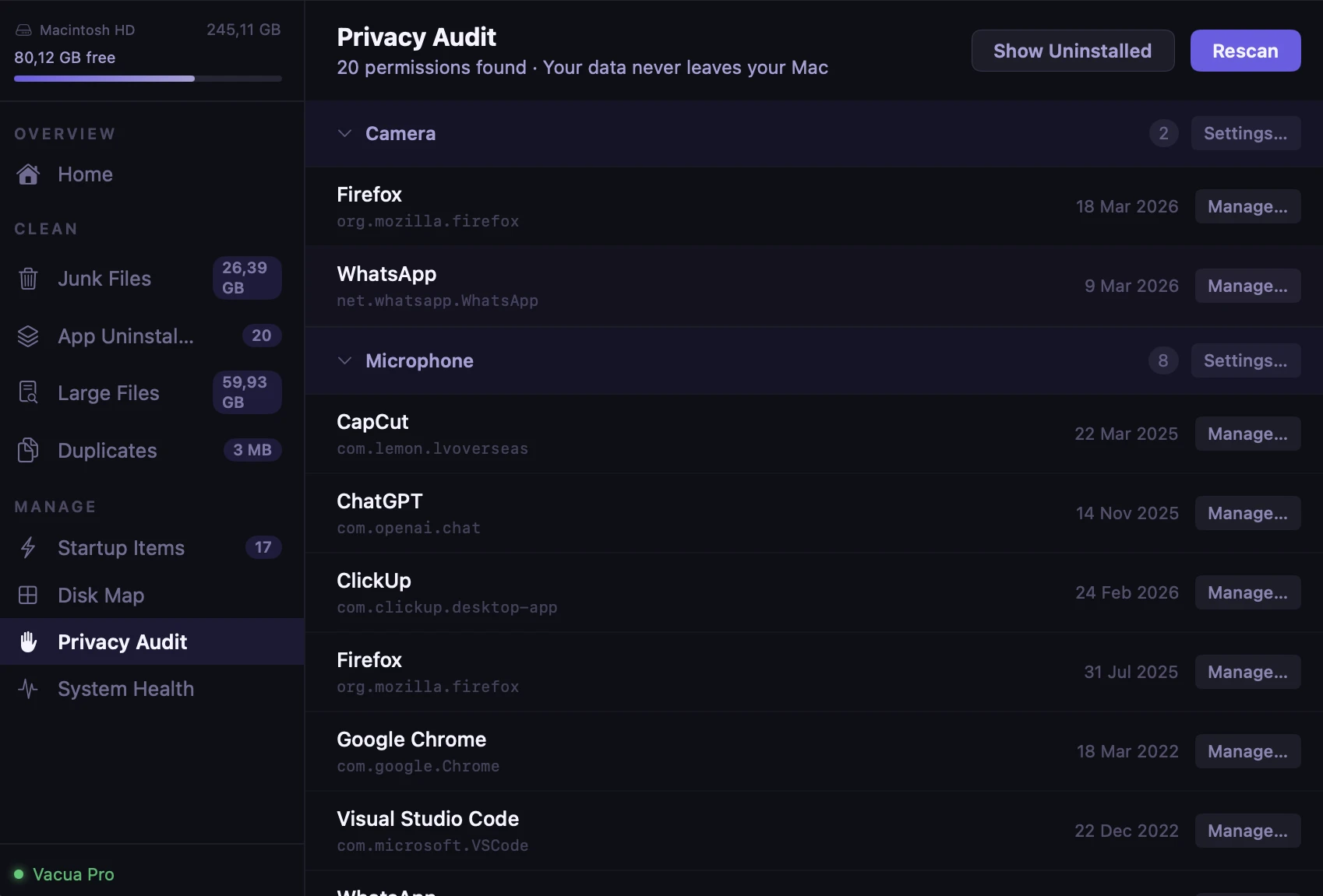 Privacy Audit screen showing app permissions