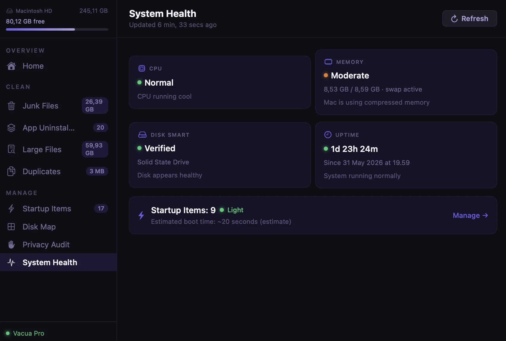 System Health screen showing CPU and memory